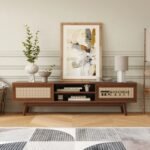 Mid Century Modern TV Stand with Smooth Sliding Doors and Functional Storage