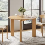 Modern Round Wooden Dining Table for 4 with 3-Leg Base – Brown Finish - Image 5