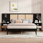 Queen Size Solid Wood Bed with 2 Nightstands – Upholstered Platform Bed Set
