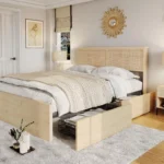 Natural Rattan Queen Size Bed Frame with Wooden Headboard & 4 Storage Drawers – Beige