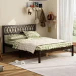 Solid Wood Platform Bed Frame with Upholstered Headboard