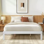 Solid Wood Platform Bed Frame with Wooden Slat Support – White (Queen Size)