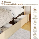 Natural Rattan Queen Size Bed Frame with Wooden Headboard & 4 Storage Drawers – Beige - Image 2
