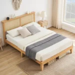 Solid Wood Platform Bed Frame with Natural Rattan Headboard - Image 3