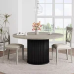 Round Wooden Dining Table with Metal Pedestal Base – Black Finish