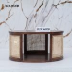 Round Rattan Cane Modern Coffee Table (Teak finish) - Image 2