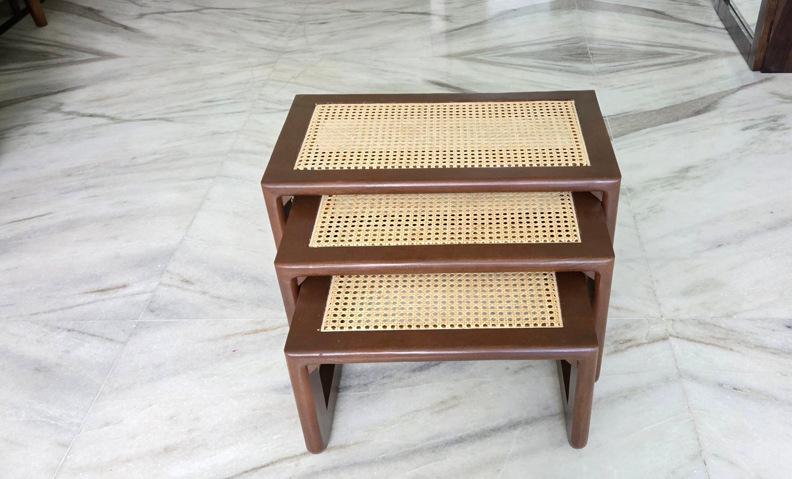 Wooden Rattan Cane Nesting Table Set of 3 (Teak finish) photo review