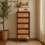 Boston Solid Wood Rattan Cane Tall Chest of Drawer Five Drawer( honey finish)