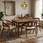 Rattan cane Soild wood Dining Set(walnut finish)