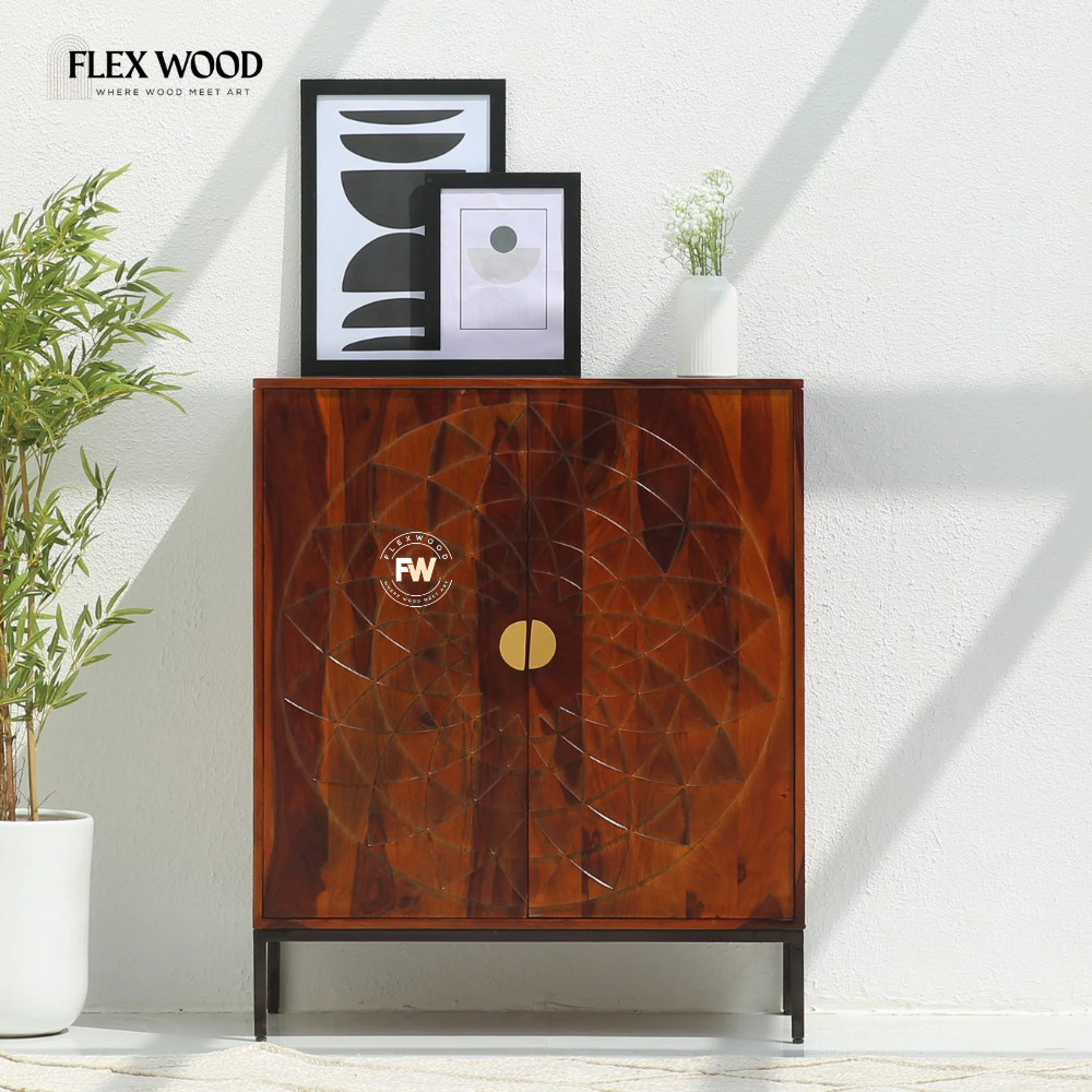 1 Wooden Cabinet – 2 Door Sheesham Wood Storage Cabinet in Honey Finish - Image 1