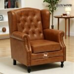 Leather Chesterfield Wing Chair In Tan Finish