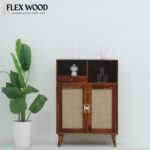 Rattan cane Sheesham Wood Bar Cabinet with Cane Doors & Storage