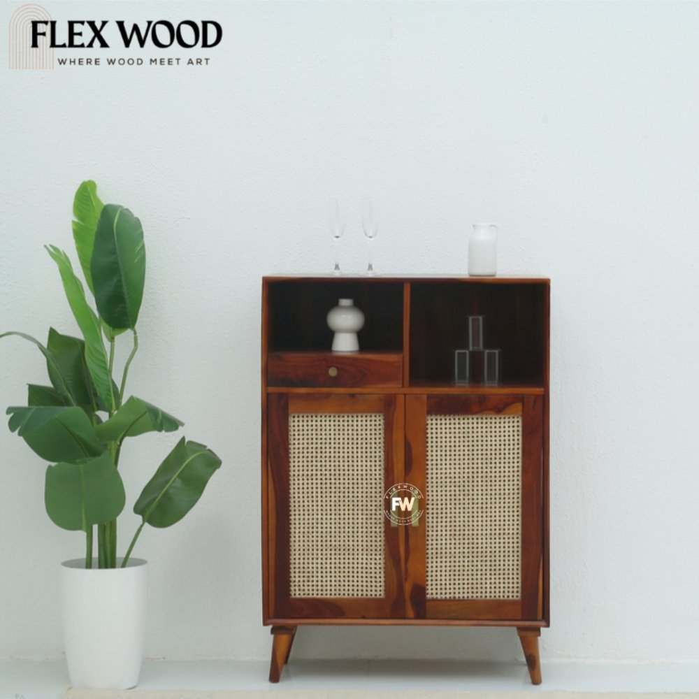 1 Rattan cane Sheesham Wood Bar Cabinet with Cane Doors & Storage - Image 1