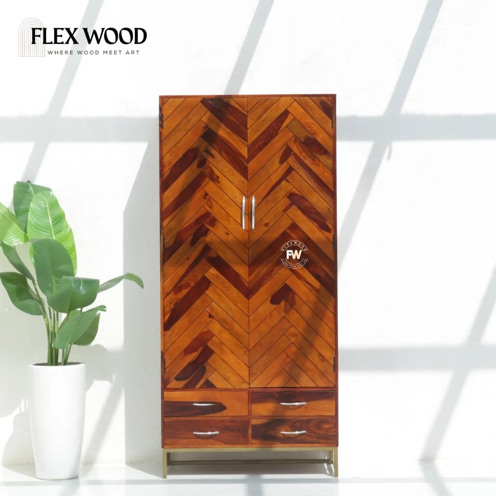 1 Sheesham Wood Wardrobe with 2 Doors & 4 Drawers - Honey Finish - Image 1