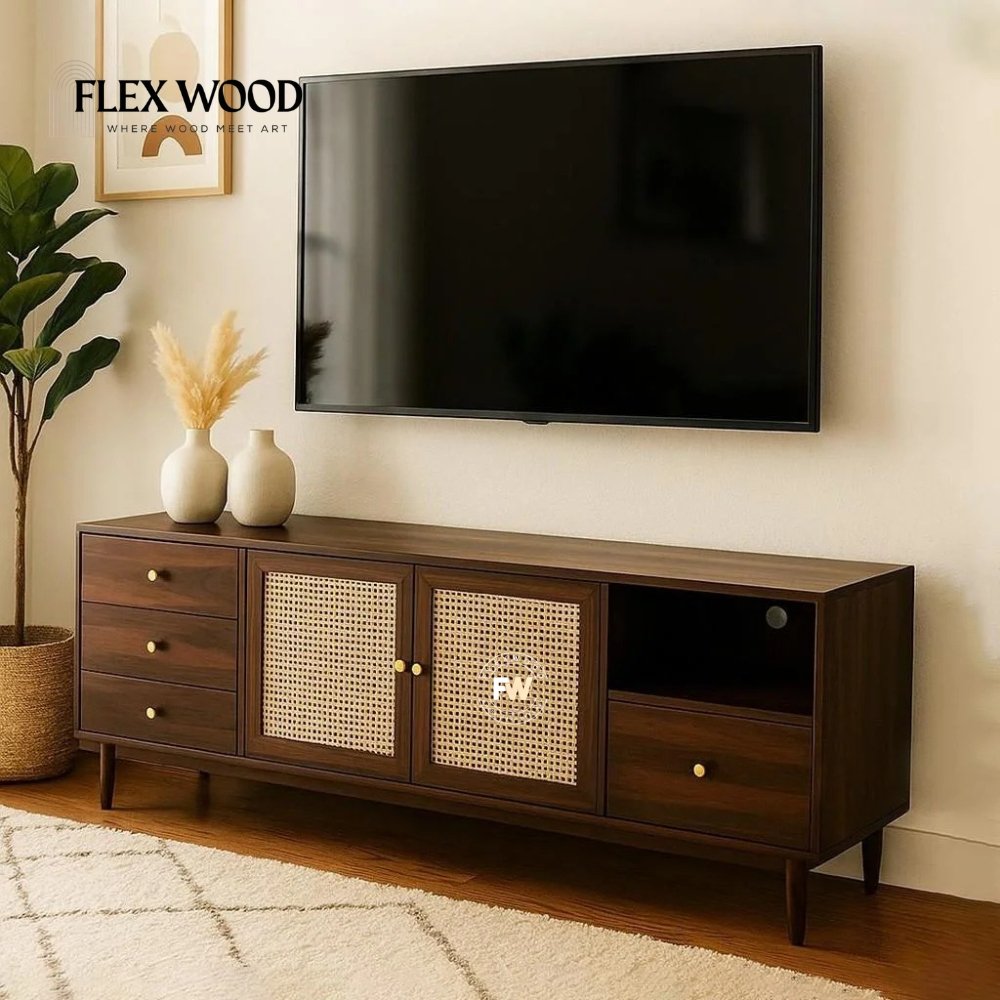 10 Sheesham Wood TV Unit with Rattan Doors - Image 1