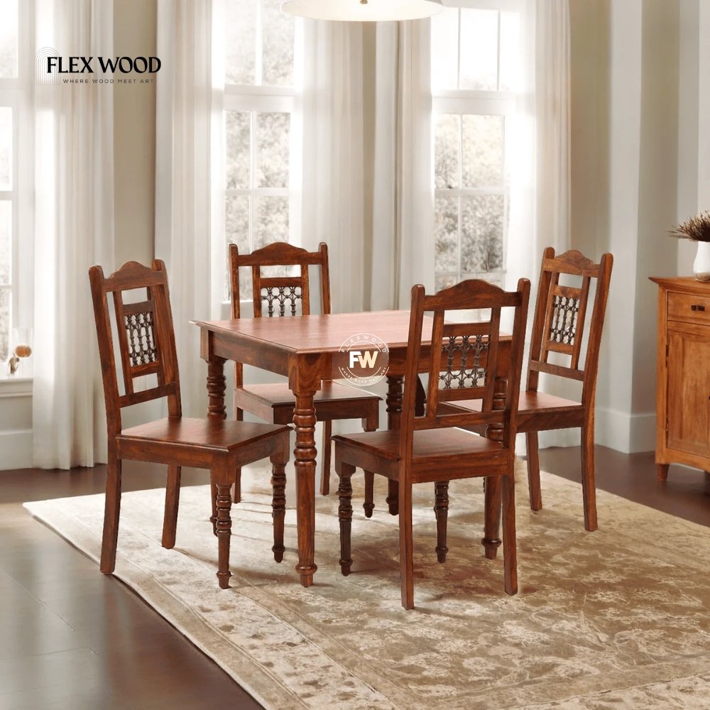 11 Solid Sheesham Wood 4 Seater Dining Table Set With 4 Chairs(honey finish) - Image 1