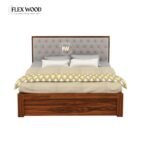 Solid Sheesham Wood Bed with Box Storage and Upholstery Headboard(honey finish)