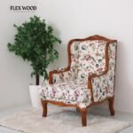 Mango Wood Lounge Chair – Honey Finish Floral Upholstered