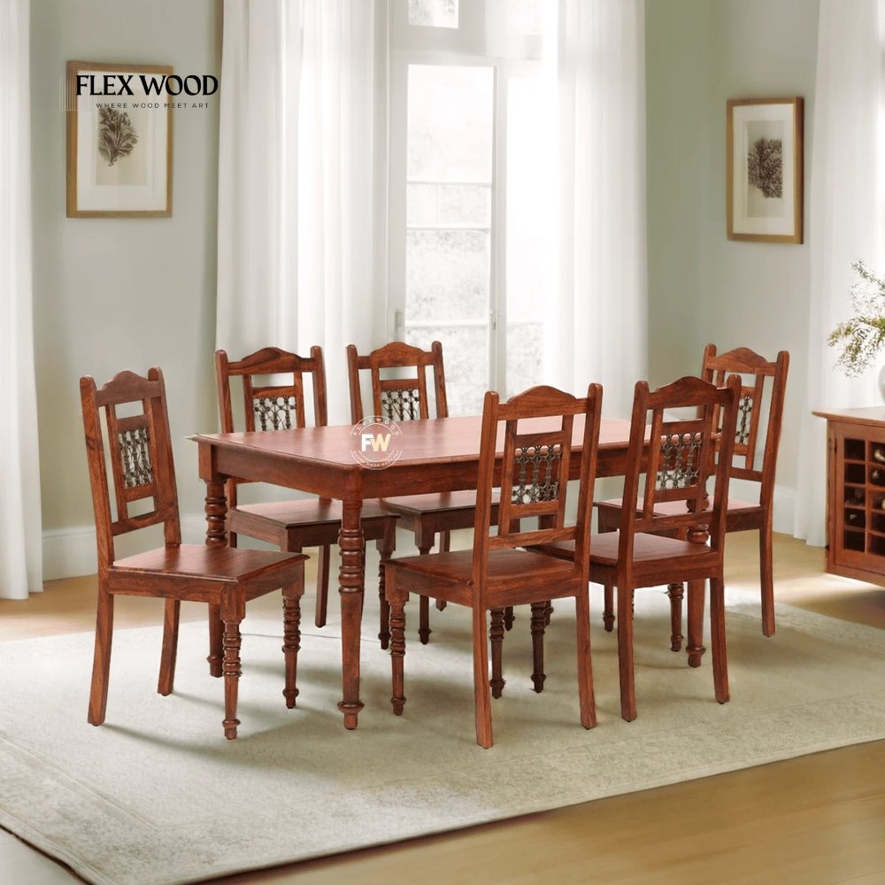 15 Solid Sheesham Wood 6 Seater Dining Table Set With 6 Chairs(honey finish) - Image 1