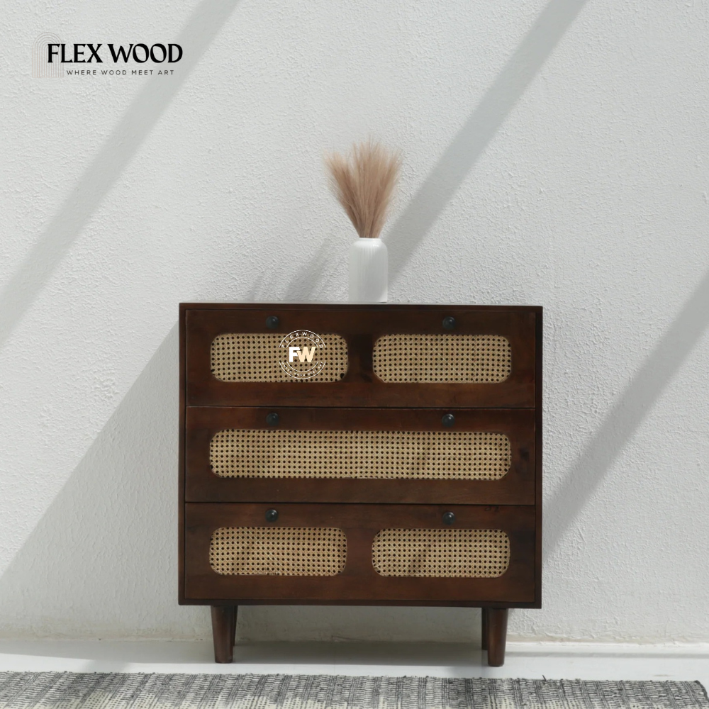 16 Solid Mango Wood 3 Drawer Chest of Drawers with Cane Front – Walnut Finish - Image 1