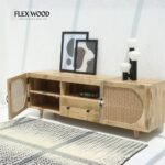 Premium Solid Wood TV Unit with Cane Door Cabinets - Image 2