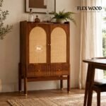 Sheesham Wooden Bar Cabinet with Cane Doors & Wine Storage for Living Room