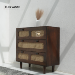 Solid Mango Wood 3 Drawer Chest of Drawers with Cane Front – Walnut Finish - Image 2