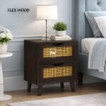 Wood Cane Bedside Table in Walnut