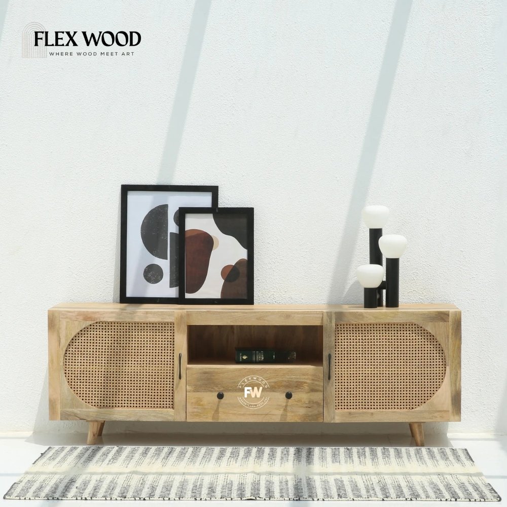 18 Premium Solid Wood TV Unit with Cane Door Cabinets - Image 1