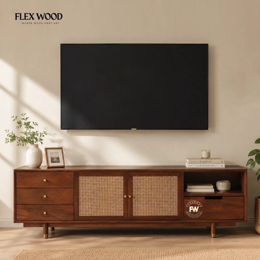 19 Solid Mango Wood TV Unit with Natural Cane Detailing - Image 1