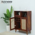 Rattan cane Sheesham Wood Bar Cabinet with Cane Doors & Storage - Image 2