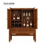 Sheesham Wooden Bar Cabinet with Cane Doors & Wine Storage for Living Room - Image 5
