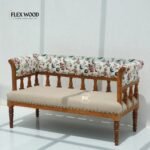 Bench with Back Rest in Honey Finish Mango Wood – Cotton Upholstery - Image 3
