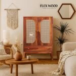 Wooden Bar Cabinet with Cane Doors in Solid