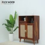 Rattan cane Sheesham Wood Bar Cabinet with Cane Doors & Storage - Image 3