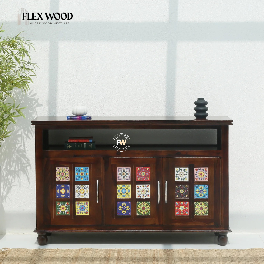 5 3 Door Sheesham Wood Sideboard & Cabinet - Walnut Finish - Image 1