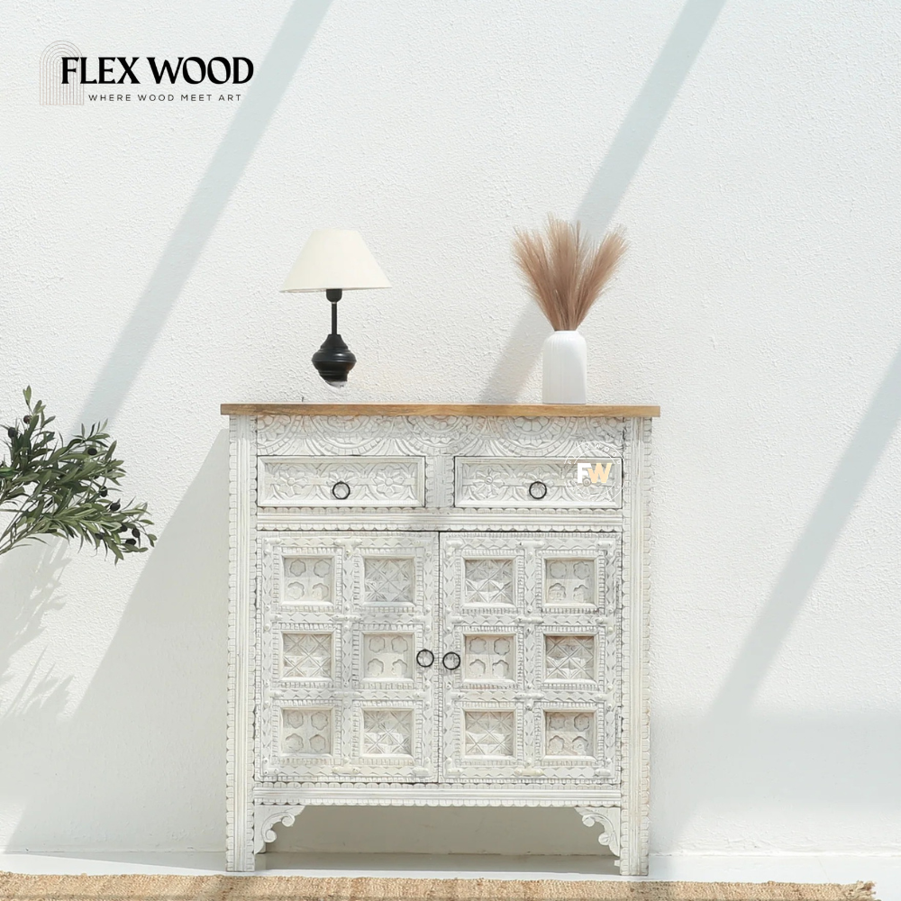 5 Wooden 2 Door 2 Drawer Cabinet - White finish - Image 1