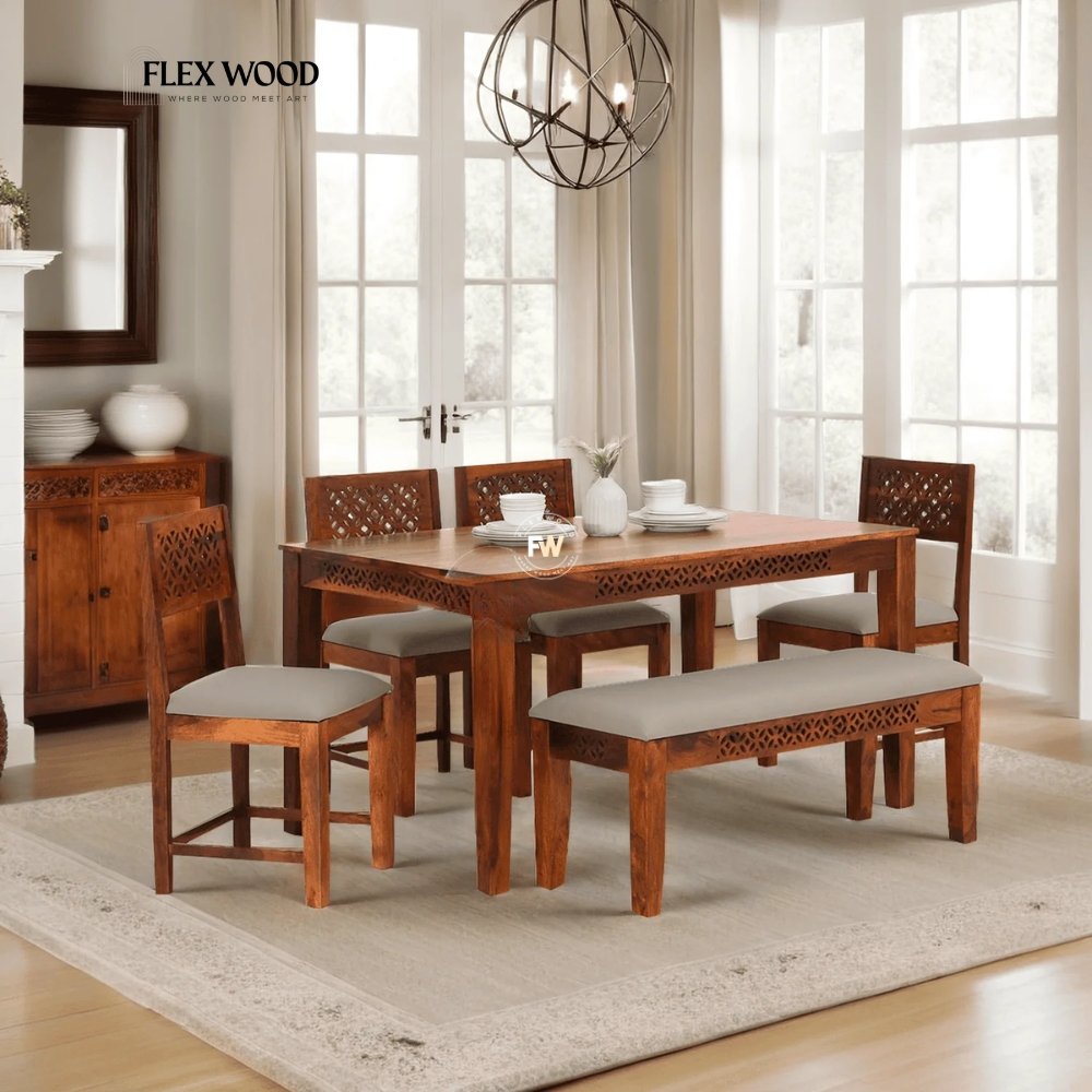 6 Solid Sheesham Wood 6 Seater Dining Table Set With 4 Chairs & 1 Bench - Image 1