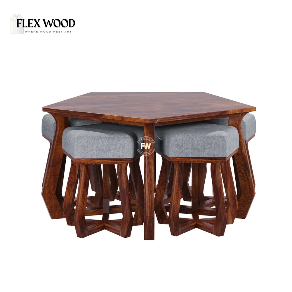7 Solid Sheesham Wood Coffee Table Set With 5 Stools - Image 1