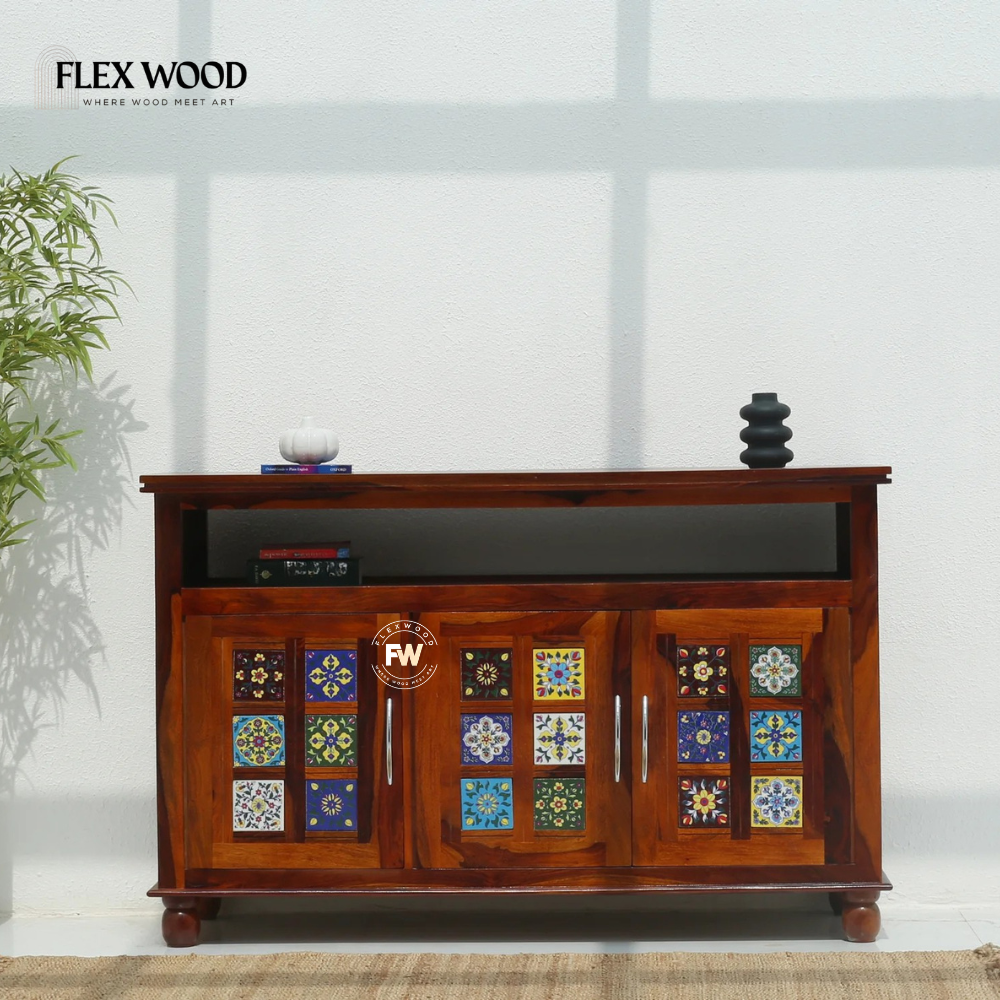 8 3 Door Sheesham Wood Sideboard & Cabinet - Honey Finish - Image 1