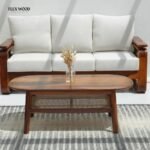 Sheesham Wood Coffee Table with Brass Inlay & Cane Shelf