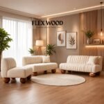 Flexwood  japandi ribbed sofa set cream boucle with ball leg