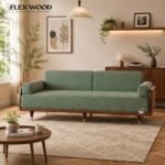 Flexwood green corduroy sofa cum bed with wood frame(walnut finish)