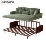 Flexwood green corduroy sofa cum bed with wood frame(walnut finish) - Image 4