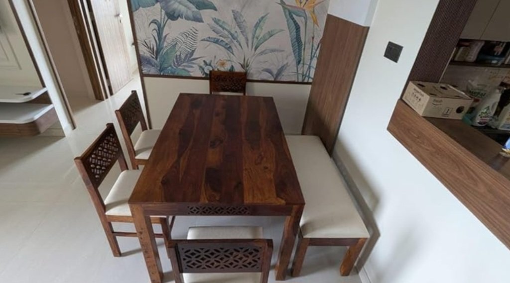Solid Sheesham Wood 6 Seater Dining Table Set With 4 Chairs & 1 Bench photo review