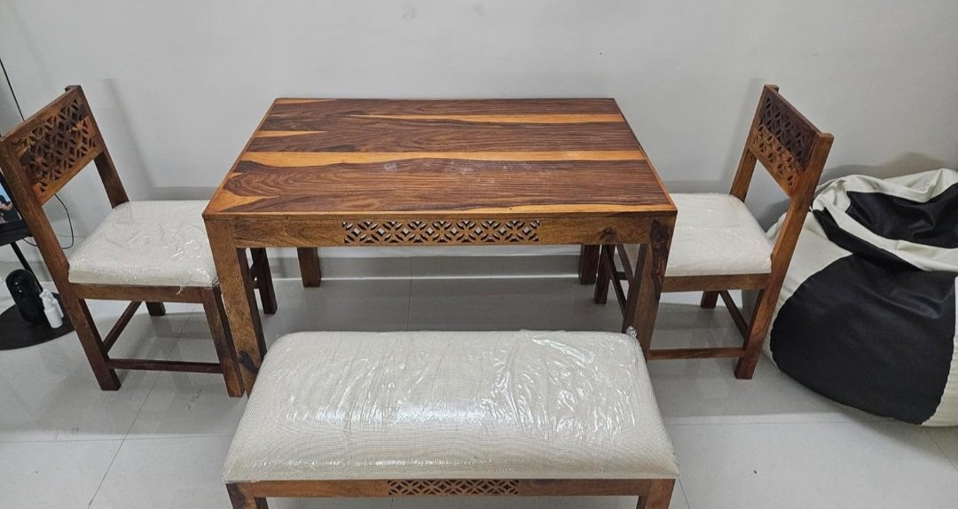 Solid Sheesham Wood 6 Seater Dining Table Set With 4 Chairs & 1 Bench photo review