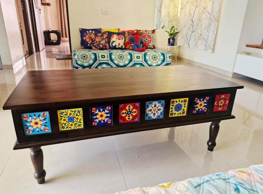 Boho solid wood Coffee Table with Tiles(honey finish) photo review