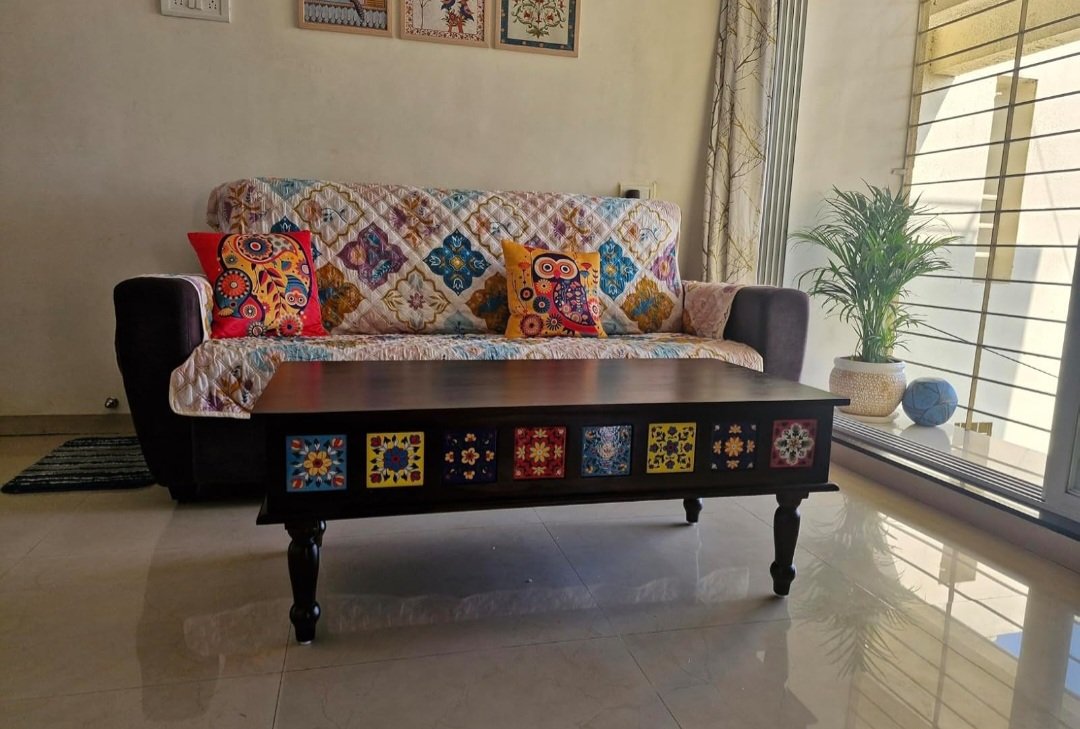 Boho solid wood Coffee Table with Tiles(honey finish) photo review