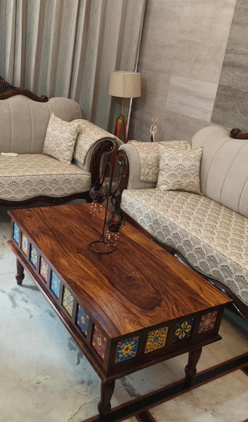 Boho solid wood Coffee Table with Tiles(honey finish) photo review
