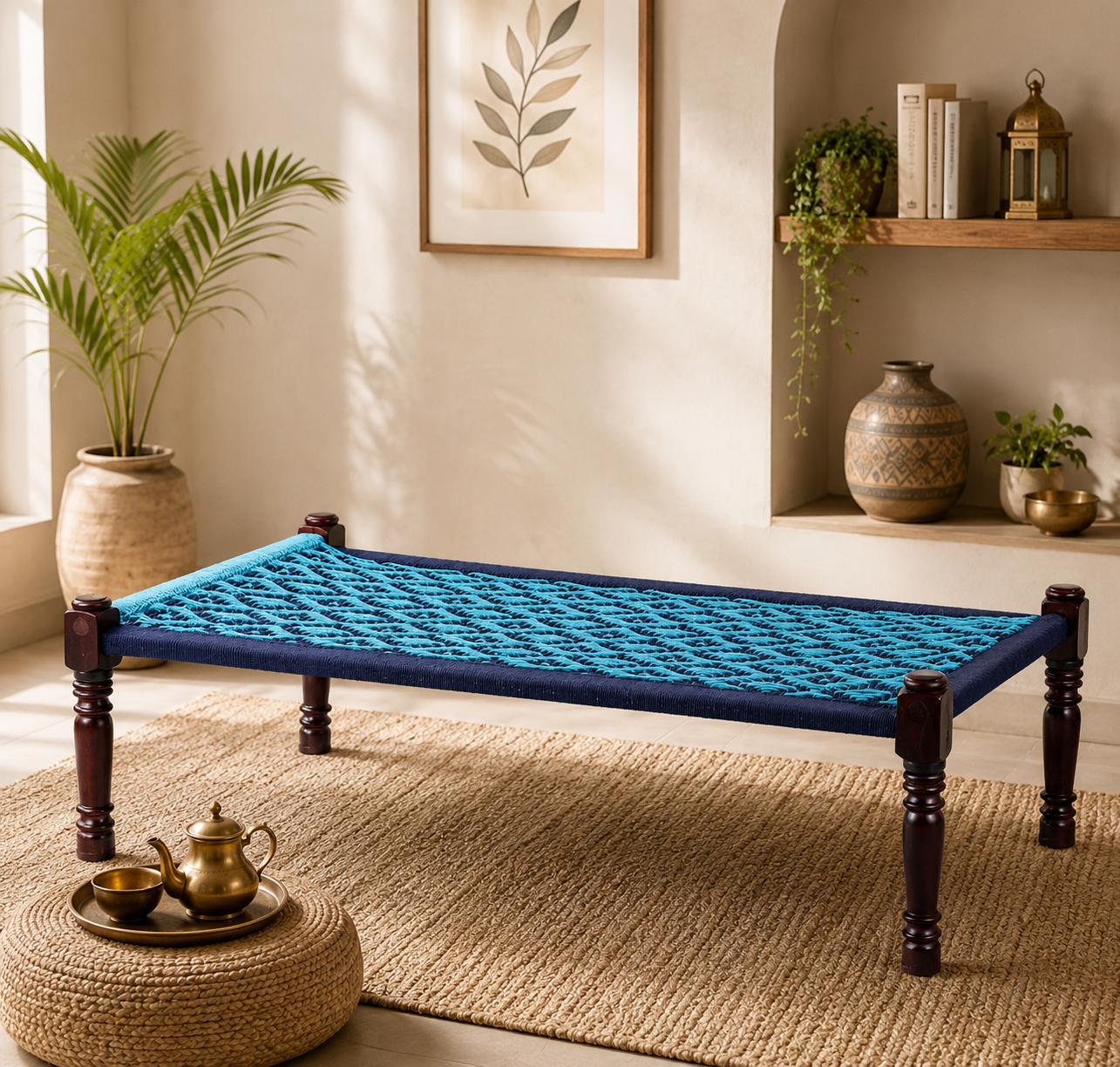file_000000008bf0820b94207949103584ac Rajasthani Wooden Khatiya Khaat (Light Blue and Dark Blue) - Image 1